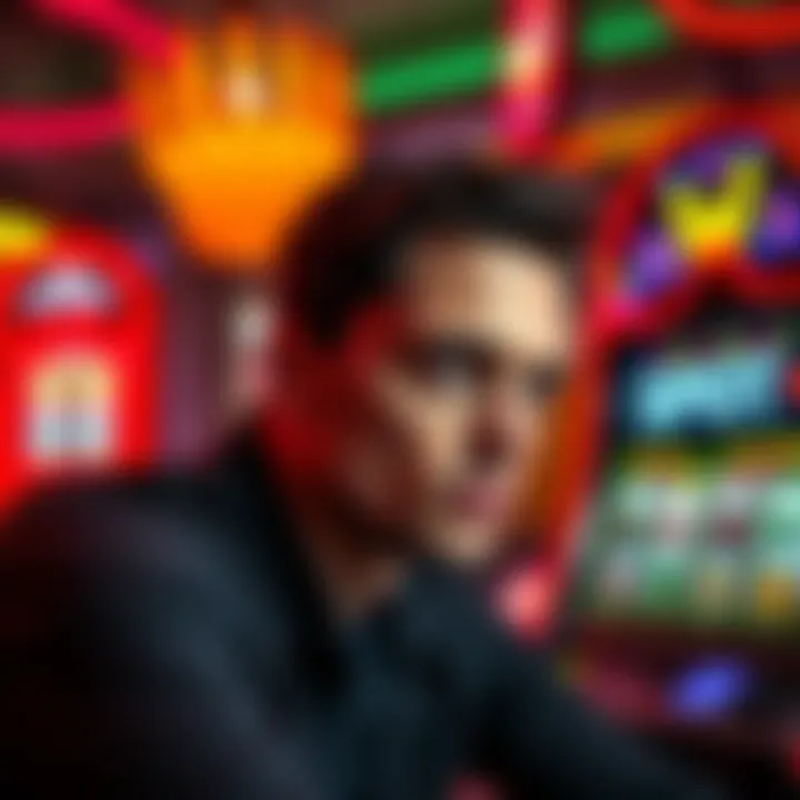 Individual looking contemplative with gambling chips and a slot machine in the background