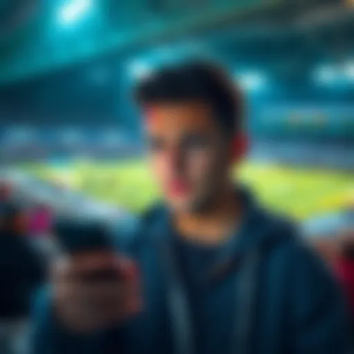 Person reflecting on sports betting A person looking worried while checking sports betting odds on a phone, with a sports event in the background.