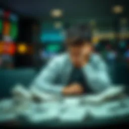 A person sitting at a table, looking stressed and contemplative with betting slips scattered around, representing the struggle with sports gambling addiction.
