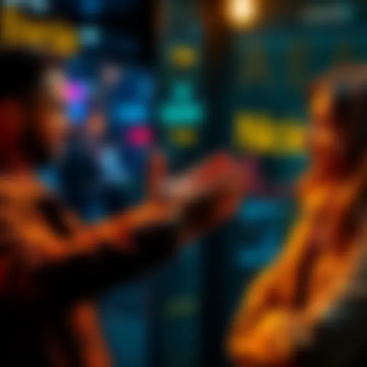 Two people interacting, one complimenting the other's hand with 'Nice Hand' while the other looks thoughtful about how to respond.