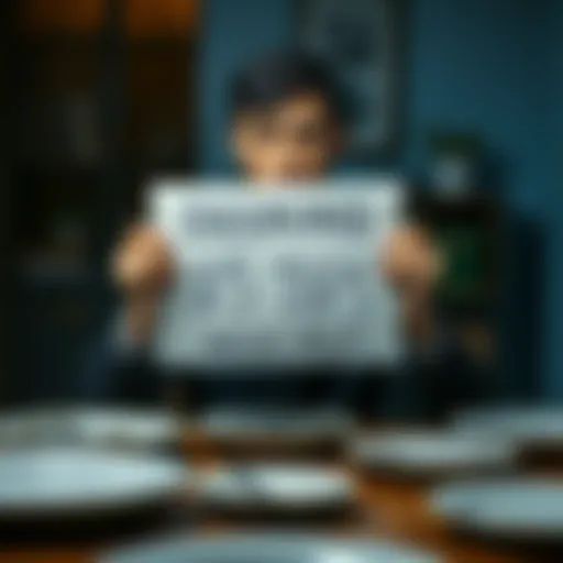 A person with a concerned expression holds a sign asking for $5 tips to help with food and bills, surrounded by empty plates and bills on a table.