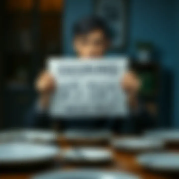 A person with a concerned expression holds a sign asking for $5 tips to help with food and bills, surrounded by empty plates and bills on a table.
