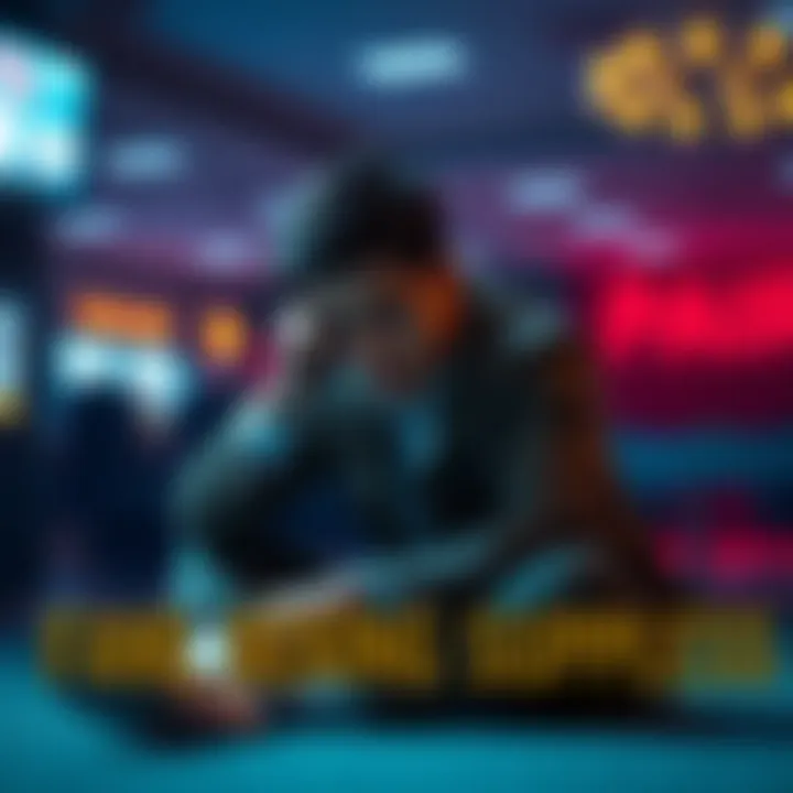 Individual sitting alone, looking distressed while holding a phone, symbolizing the struggle with gambling addiction and the need for help