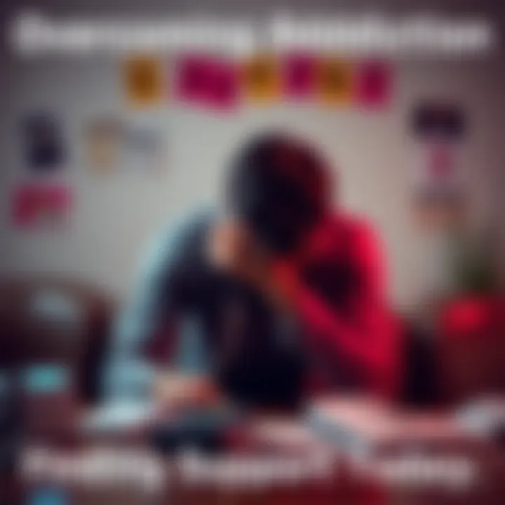 A person sitting with their head in their hands, looking distressed and contemplative, surrounded by support resources like pamphlets and a phone showing a hotline number.