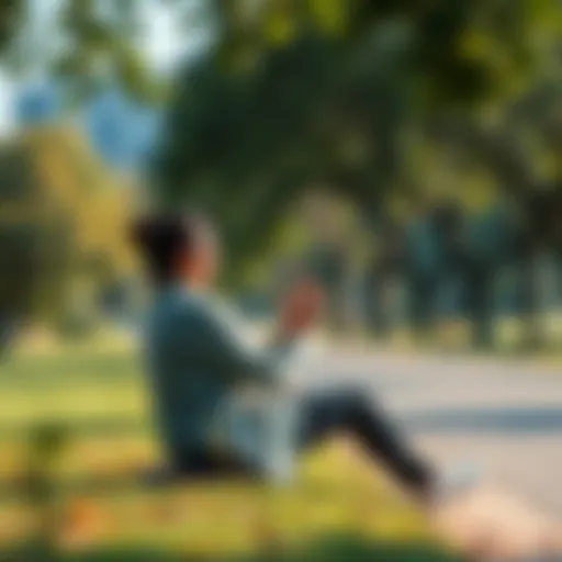 A person sitting alone in a park, looking contemplative with hands clasped, surrounded by nature, symbolizing peace and introspection about life beyond money.