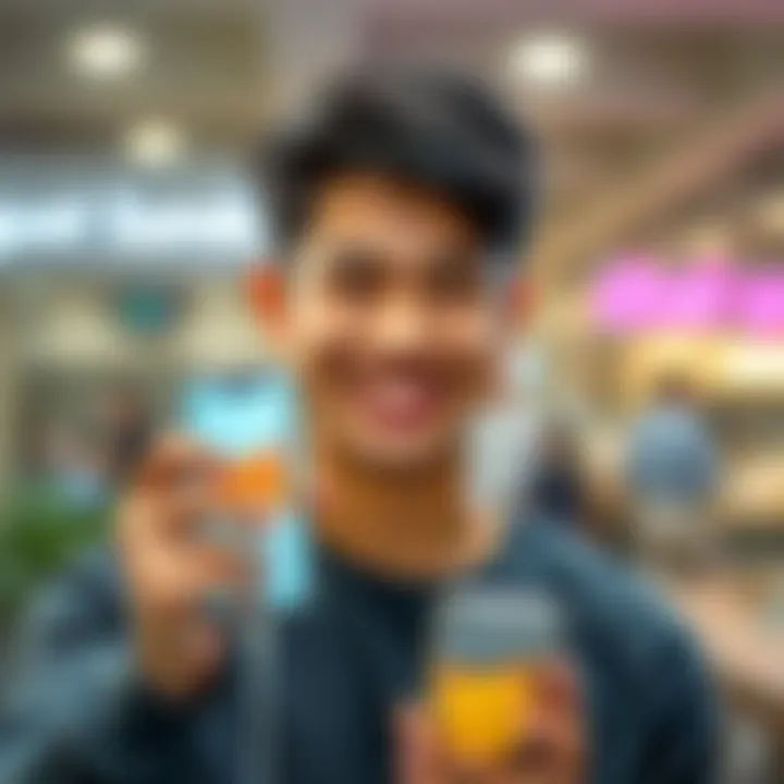 A young man with a cheerful expression holding a phone displaying a cat emoji, symbolizing modern slang and social context.