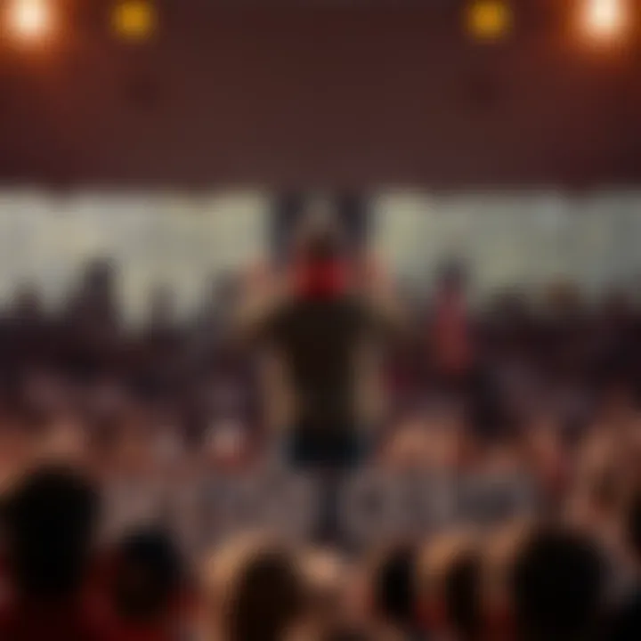 Person speaking at a rally Individual standing on a stage addressing a crowd with passion, emphasizing the importance of voicing opinions.