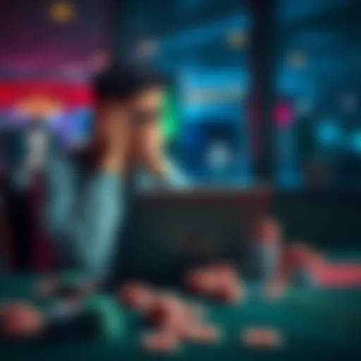 A worried individual sits at a table surrounded by gambling chips and a laptop, reflecting on recent losses.