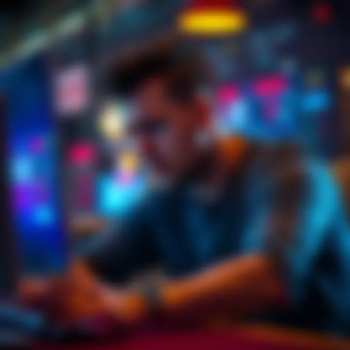 Individual struggling with online gambling, showing signs of stress and concern while playing blackjack on a computer