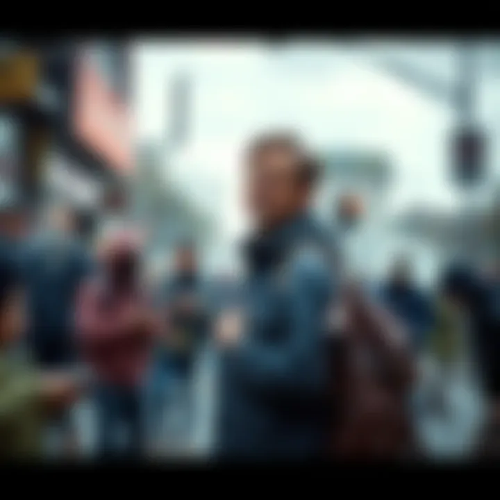 A person standing on a street surrounded by several individuals asking for money, showing a mix of frustration and surprise on their face.