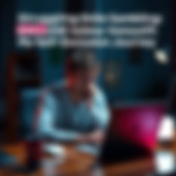 Individual sitting at a desk with a laptop, looking stressed and contemplating their decision to exclude themselves from online gambling.