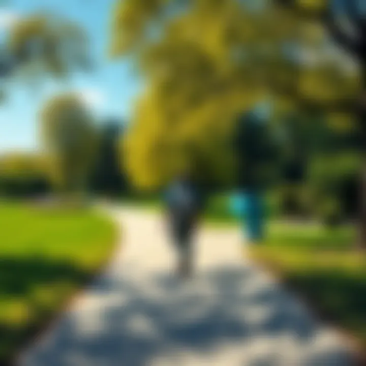 A person walking along a path in a green park with trees and a blue sky, contemplating distance and travel.