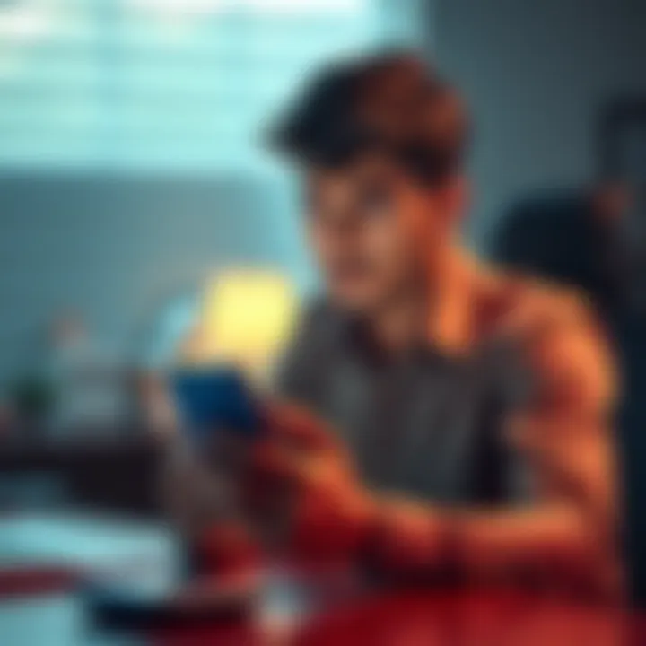 Person holding a smartphone looking worried A person sitting at a desk, worried while looking at their smartphone, reflecting on a recent scam experience