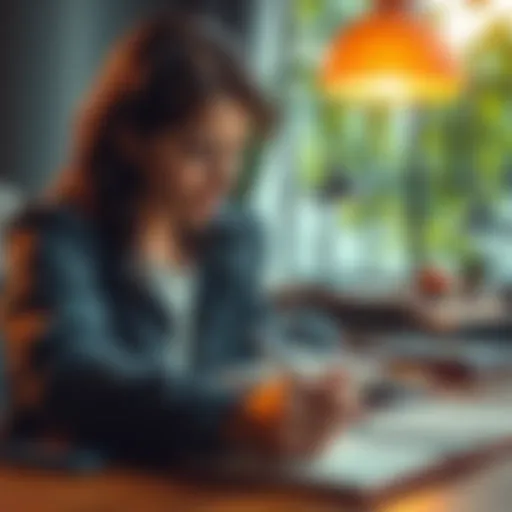 A person sitting at a desk, writing in a notebook, with a thoughtful expression, symbolizing personal narrative and risk-taking.