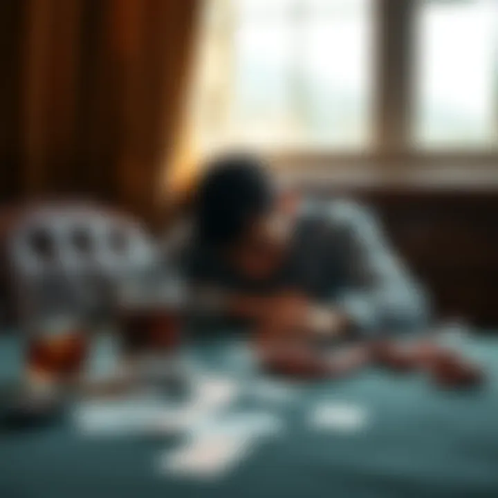 A person looks distressed while sitting at a table with an empty drink and playing cards scattered around, highlighting struggles with alcohol and gambling addictions.