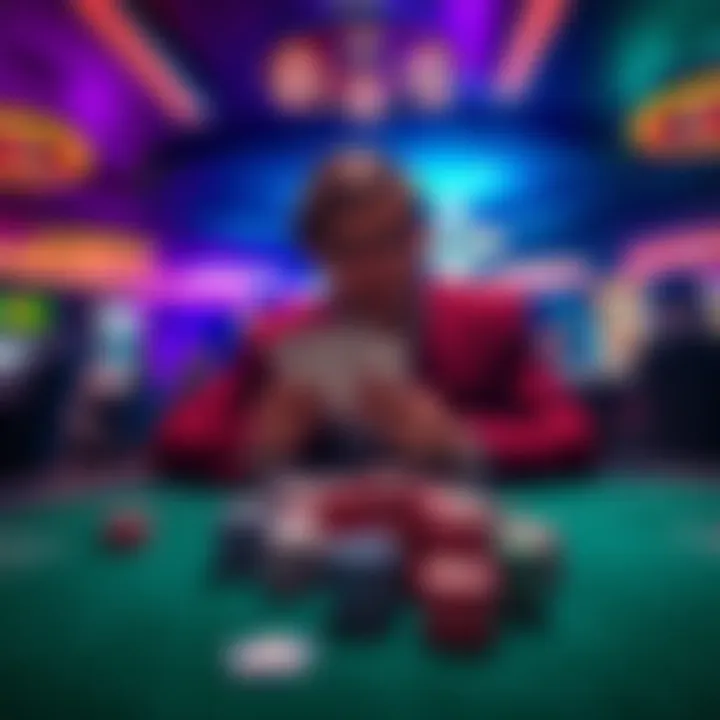 A person sitting at a casino table looking frustrated while holding playing cards, surrounded by chips and a colorful atmosphere.