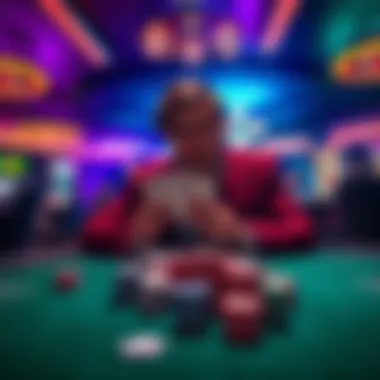 Person at Casino Table A person sitting at a casino table looking frustrated while holding playing cards, surrounded by chips and a colorful atmosphere.