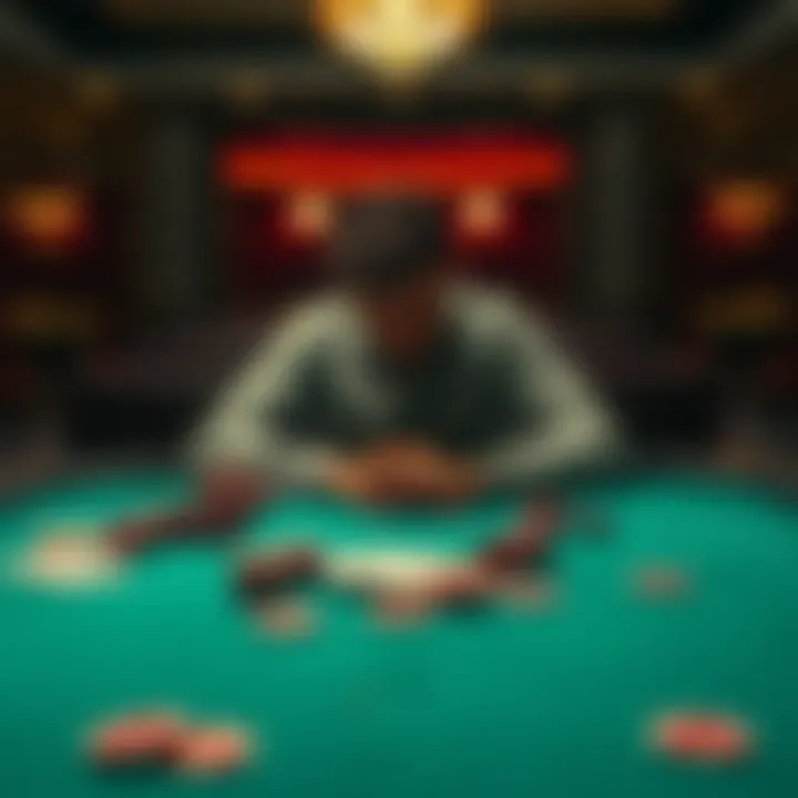 A person with a distressed expression sitting at a poker table surrounded by empty chips and cards, reflecting on their gambling struggles.