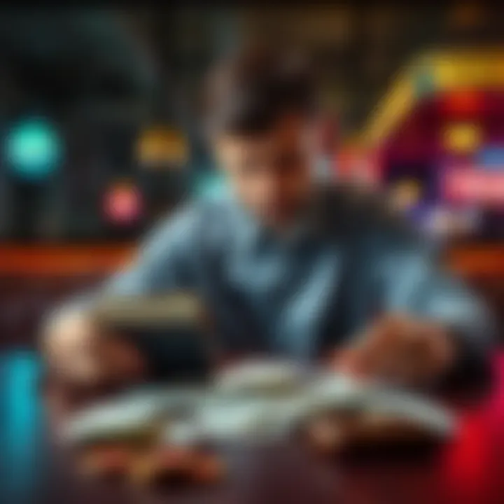 Person sitting at a table with bills and empty wallet A distressed person looking at bills and an empty wallet, representing financial struggles and gambling losses