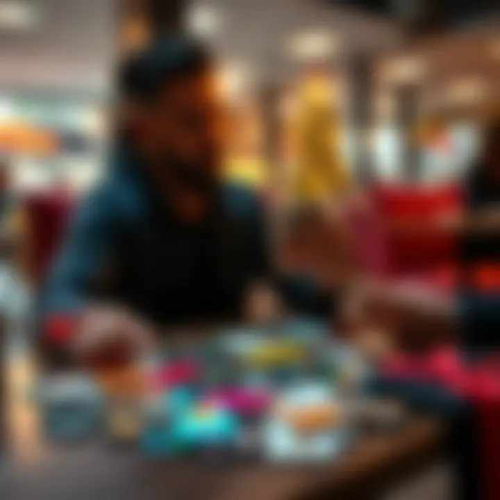 Person Cashing Out Gift Cards A person sitting at a table, cashing out gift cards for cash. Various gift cards are spread out on the table, with cash visible in hand.