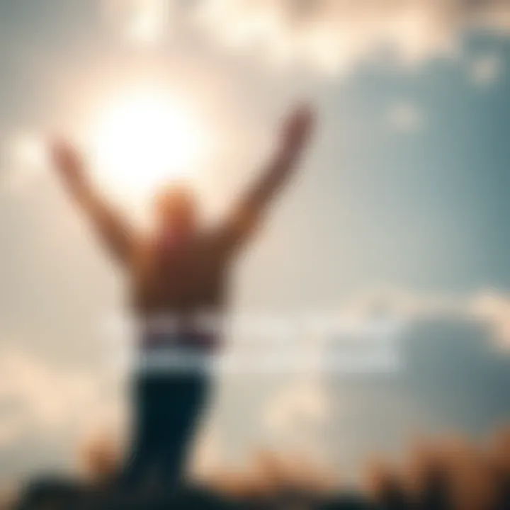Individual standing with arms raised, celebrating personal growth and resilience on a sunny day