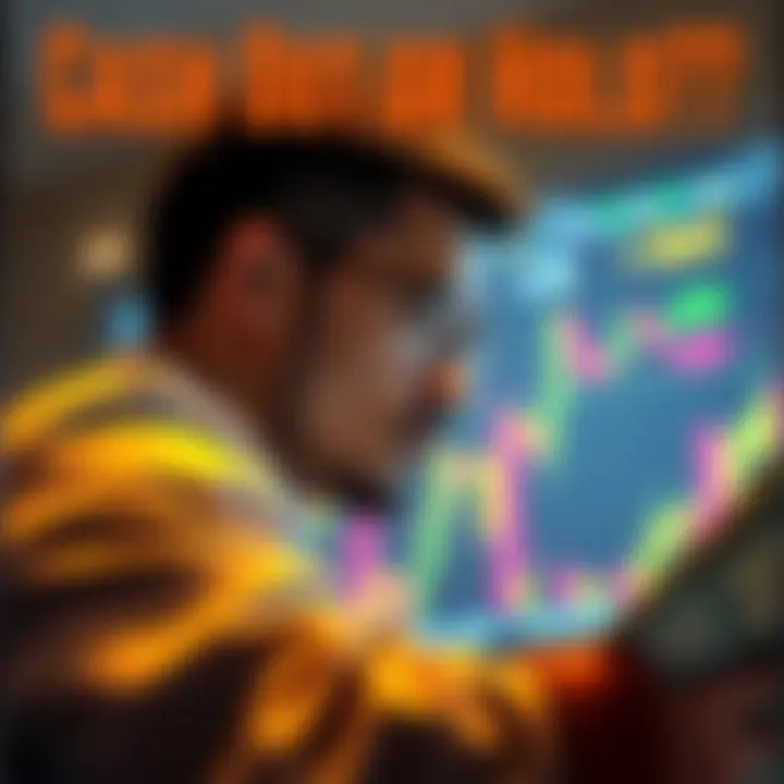 Individual looking at financial charts and weighing options between cashing out or holding investments