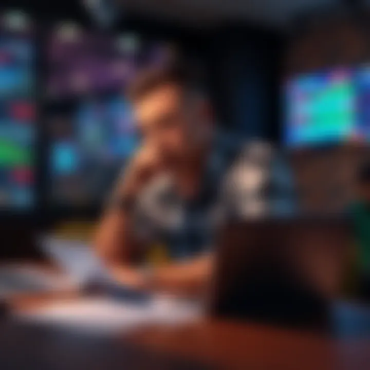 Person contemplating betting choices A person sitting at a table with betting slips and a laptop, looking thoughtful and reflective about recent betting decisions.