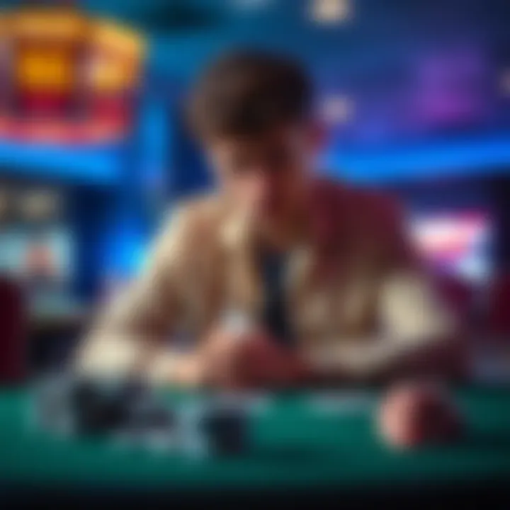 Person contemplating gambling Individual sitting at a table with cards and chips, looking thoughtful and conflicted about their gambling choices.