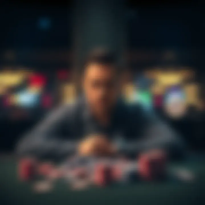 A thoughtful individual sitting at a table with empty poker chips, reflecting on recent gambling losses, showing a mix of regret and determination to stay clean.