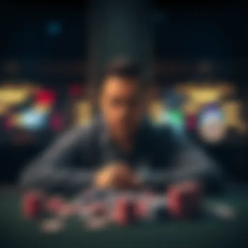 Person contemplating gambling losses A thoughtful individual sitting at a table with empty poker chips, reflecting on recent gambling losses, showing a mix of regret and determination to stay clean.