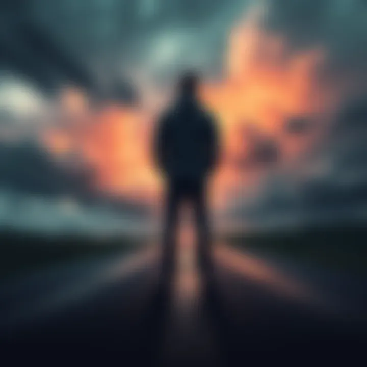 Person contemplating revenge A person stands at a crossroads, deep in thought about revenge, with a stormy sky overhead symbolizing conflict.