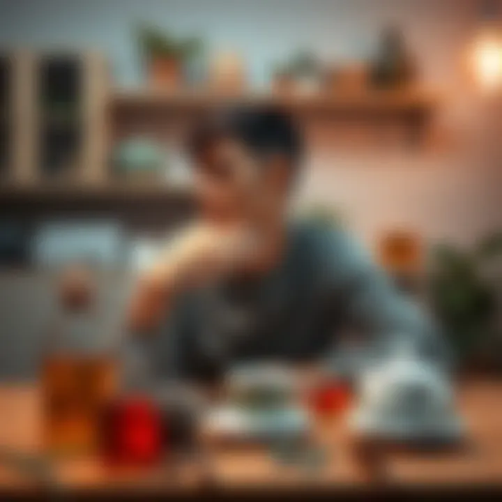 Person coughing with herbal remedies A person sitting at a table with a cough, surrounded by herbal remedies like honey and tea, looking for relief