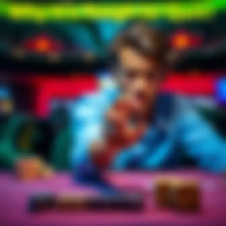 A person sitting at a table, holding dice in their hand, looking conflicted about gambling decisions