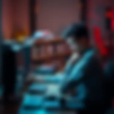 A person sitting at a computer looking distressed A person with their head in their hands sitting at a desk with a computer, showing signs of emotional struggle over gambling addiction.