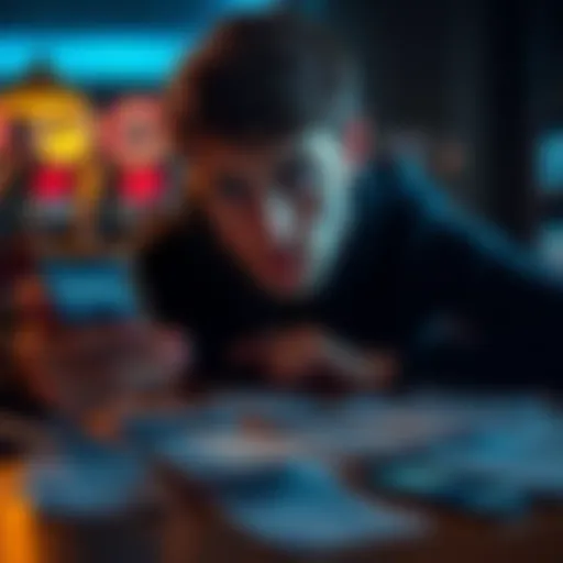 A person looks troubled while staring at a smartphone displaying gambling statistics, with papers showing financial losses scattered on a table.