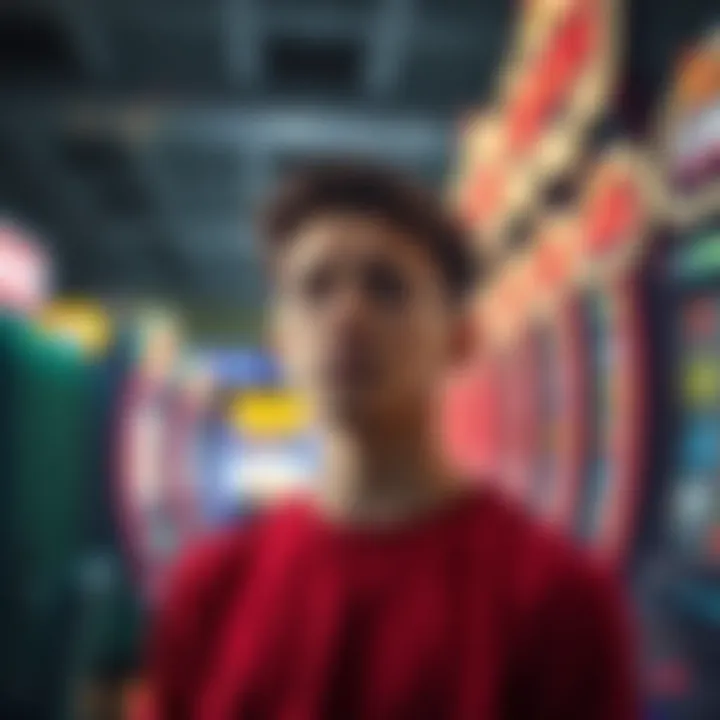 A young man with a worried expression stands in a casino, staring at a slot machine, reflecting on his gambling struggles.