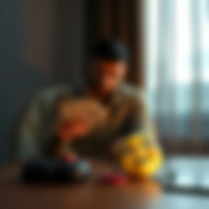 Individual sitting alone in a dimly lit room, looking stressed while holding a stack of bills. A mask of happiness is placed on the table nearby, symbolizing the contrast between their public facade a...