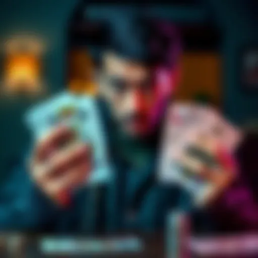 A person looking stressed while holding unpaid bills and playing cards, symbolizing debt and gambling issues.