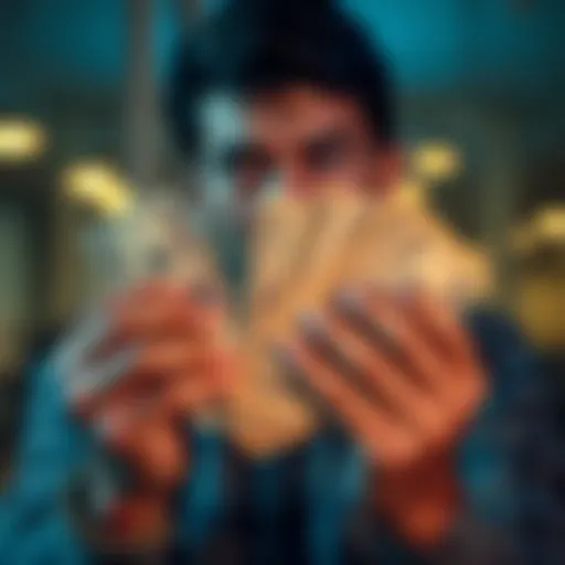 A person holds a stack of dollar bills with a thoughtful expression, considering financial choices.