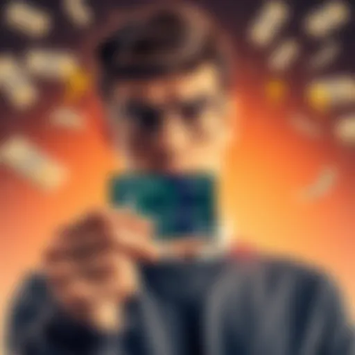 Individual looking at a Robinhood credit card while pondering the risks of rewards, surrounded by graphics of money and boxes.