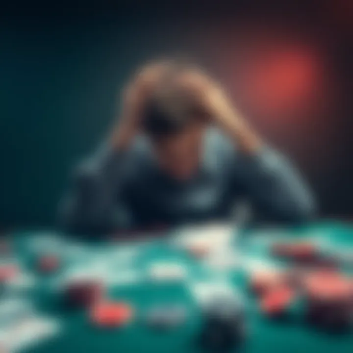 Person holding head in despair A person sitting alone at a table, holding their head in their hands, surrounded by scattered playing cards and gambling chips, expressing feelings of anxiety and desperation.