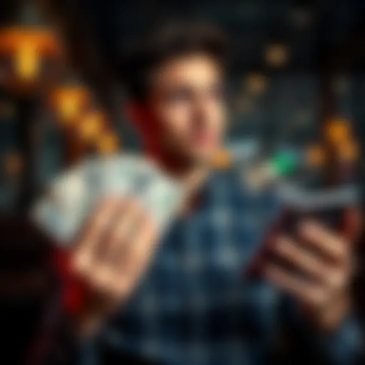 A person looks contemplative while holding cash in one hand and a calculator in the other, reflecting on financial choices