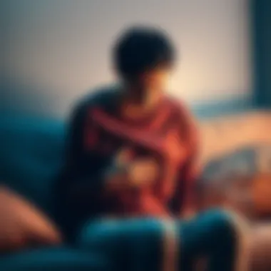 A person with a pained expression, holding their stomach to indicate discomfort, sitting on a couch with a glass of water nearby.