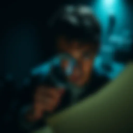 A person examining clues with a magnifying glass in a dimly lit room, focused on finding the truth.
