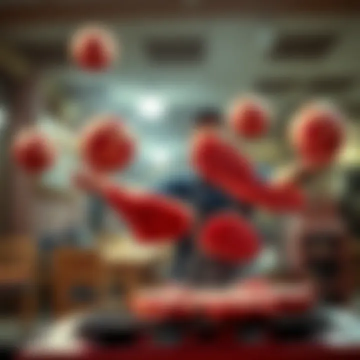 An individual skillfully juggling sports balls while balancing eight steaks on a grill nearby
