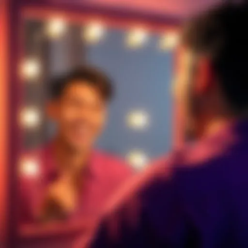 A person smiling and laughing while looking in a mirror, reflecting self-acceptance during tough times.