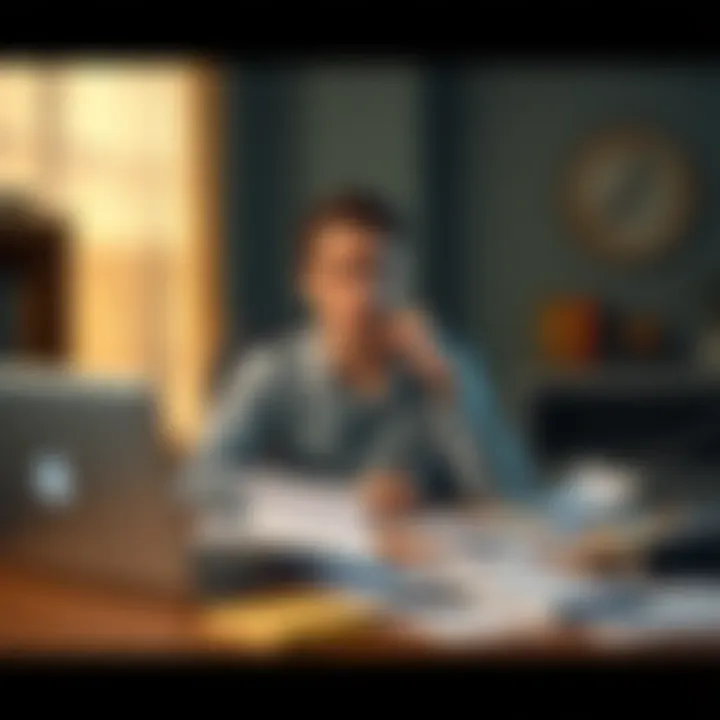 A person sitting at a desk with a puzzled expression, surrounded by papers and a laptop, indicating they are facing a tough decision.