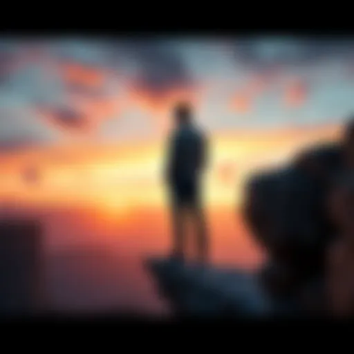 Individual standing on the edge of a cliff, gazing down with a look of frustration, symbolizing near-success and disappointment.