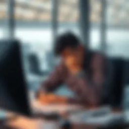 A person sitting with a sad expression, reflecting on a missed opportunity in finance, with a computer and financial documents in front of them.