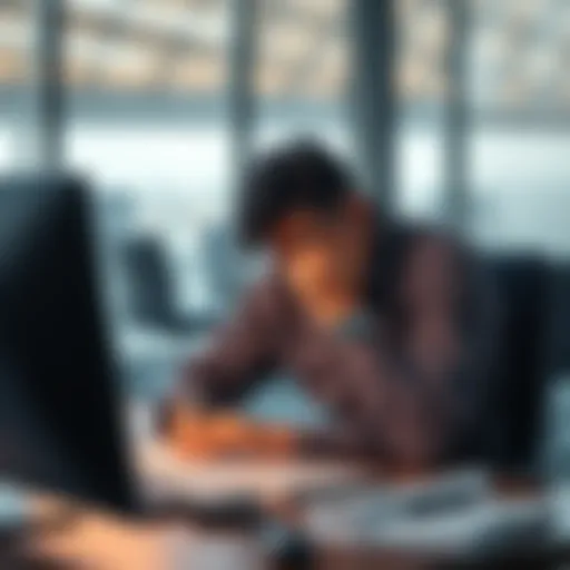 A person sitting with a sad expression, reflecting on a missed opportunity in finance, with a computer and financial documents in front of them.